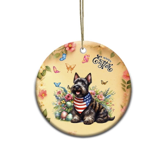 Scottish Terrier Celebrates Spring and Enjoys a Happy Easter Ceramic Round Ornament Scottie Dog Lover Gifts Home Tree Decor - 02001