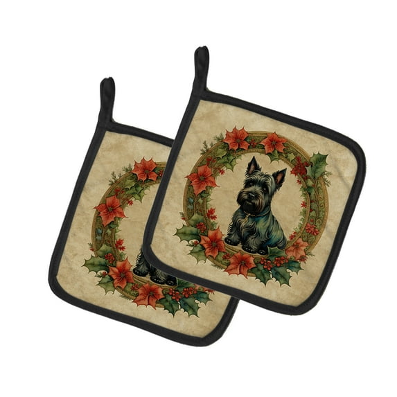 Scottish Terrier Christmas Flowers Pair of Pot Holders 7.5 in x 7.5 in