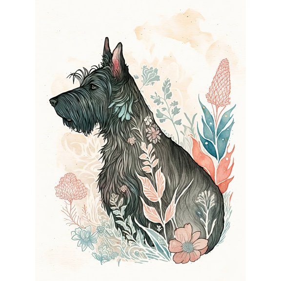 Scottish Terrier Dog in Flower Field Bright Modern Multicoloured Watercolour Illustration Extra Large XL Wall Art Poster Print