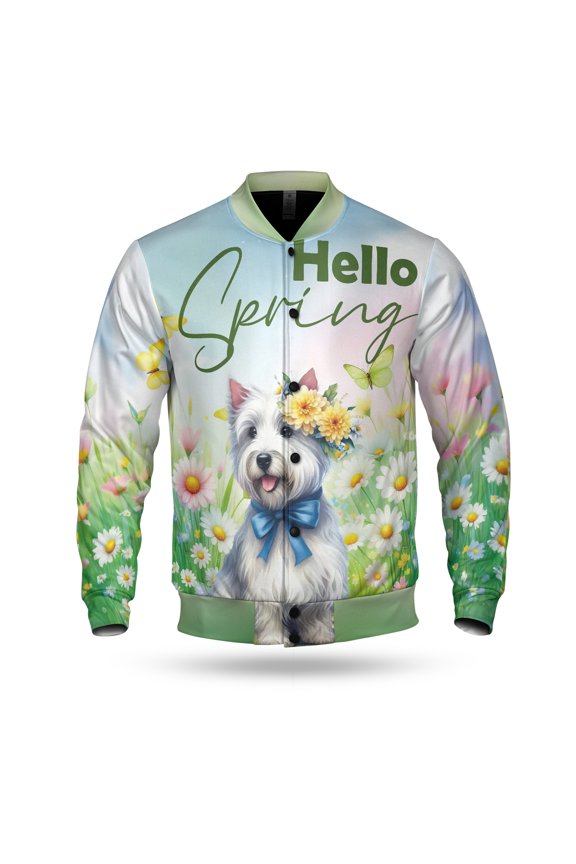 Scottish Terrier Hello Spring Time Flower Floral Nature All Over Print 3D Baseball Jacket Scottie Dog Lover Gifts Bomber Jacket Softball - 02031