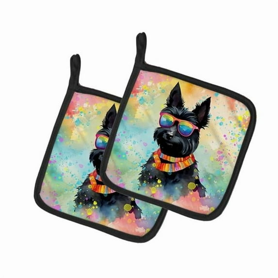 Scottish Terrier Hippie Dawg Pair of Pot Holders 7.5 in x 7.5 in
