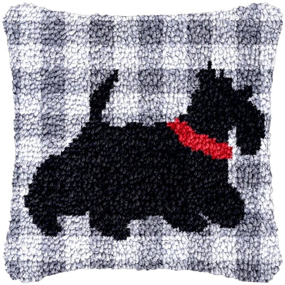 Scottish Terrier Latch Hook Pillowcase Kits for Adults and Starter DIY Cushion Cross Stitch Latch Hook Rug Kits with Preprinted Canvas Crochet Yarn Kits Needlework Crafts 17'' X 17''