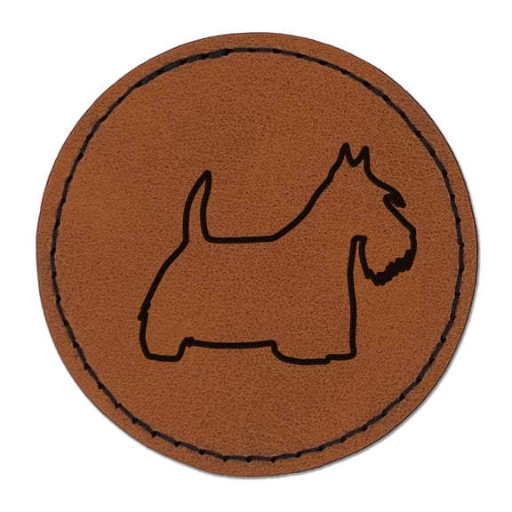 Scottish Terrier Scottie Dog Outline 2.5" Faux Leather Round Engraved Iron-On Patch - Brown