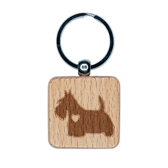 Scottish Terrier Scottie Dog with Heart Square Keychain Charm Tag - Engraved Wood