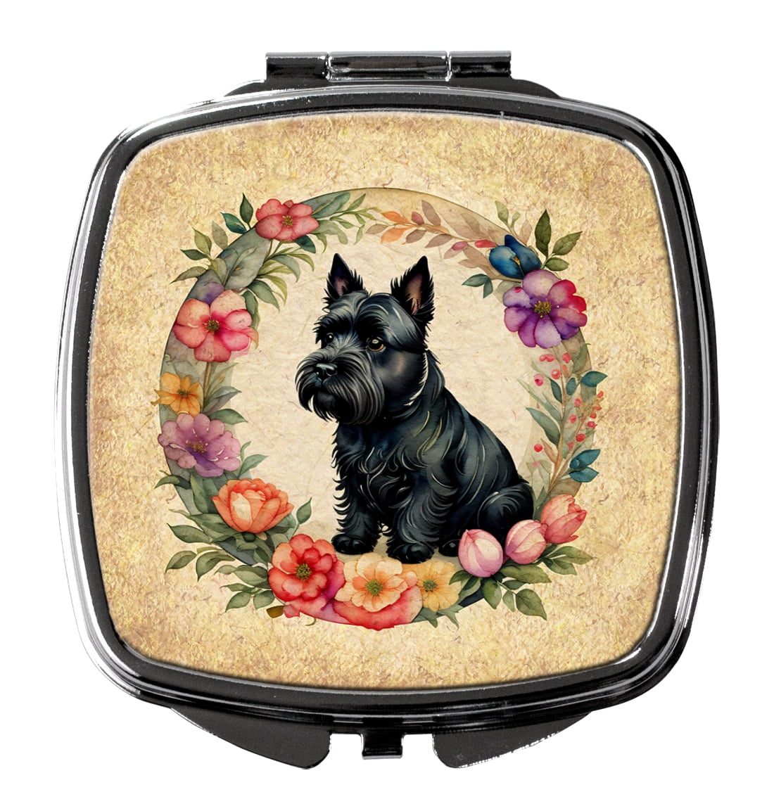 Scottish Terrier and Flowers Compact Mirror 2.75 in x 3 in