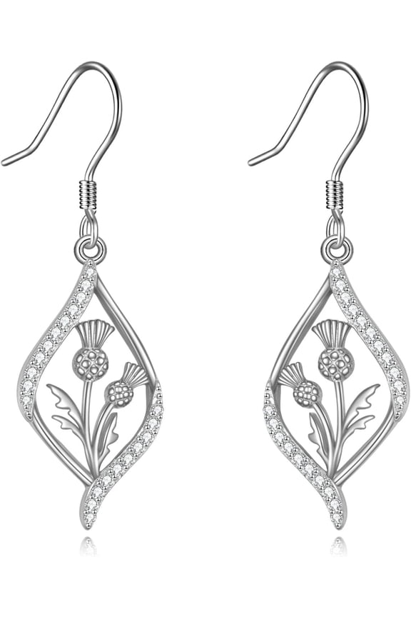 Scottish Thistle Earrings 925 Sterling Silver Scotland Flower Dangle Dangling Drop Charm Earrings Jewelry Gifts for Women