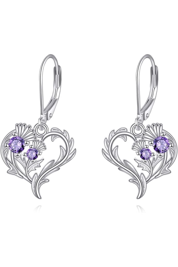 Scottish Thistle Earrings Sterling Silver Heart Scotland Thistle Dangle Dangling Drop Charm Jewelry Gifts for Women