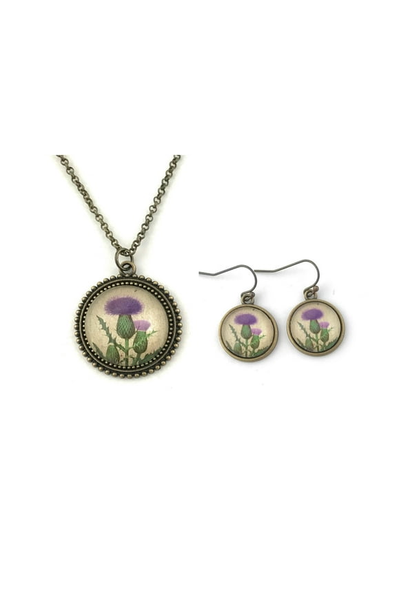 Scottish Thistle Necklace and Earring Set, Gift for Women, Purple Flower Jewelry, Nature Gift, Vintage Inspired, Gift for Gardener