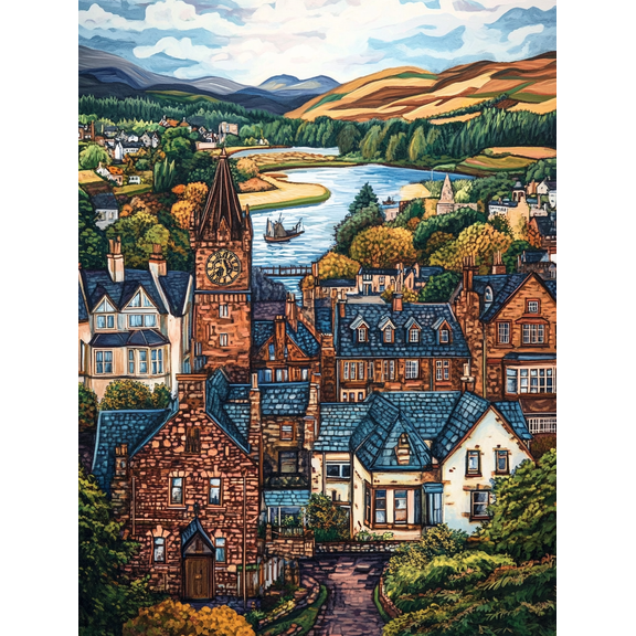 Scottish Town River Landscape Canvas Print/Wall Art Perfect for Living Room Bedroom Office Hallway and Kitchen Decoration.