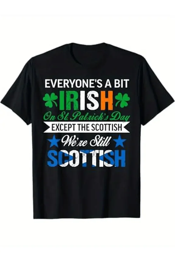 Scottish "We're Still Scottish" St. Patrick'S Day T-Shirt for Men & Women - 100% Cotton, Black with Colorful Celtic Knot Design, Casual Crew Neck, Short Sleeve, Regular Fit