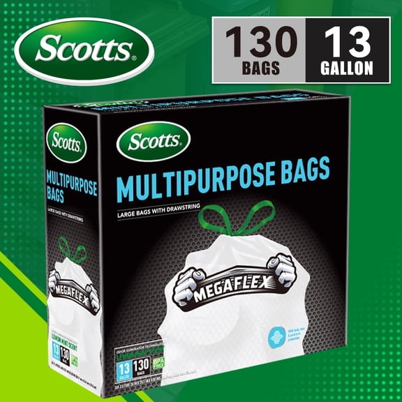 Scotts 13 Gallon Kitchen Trash Bags, Drawstring, White Tall Garbage Bags, Lemon Scented, 130 Count