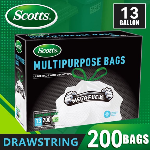 Scotts 13 Gallon Kitchen Trash Bags, Tall White Drawstring Garbage Bags, Lemon Mint Scent, MegaFlex, 200 Count