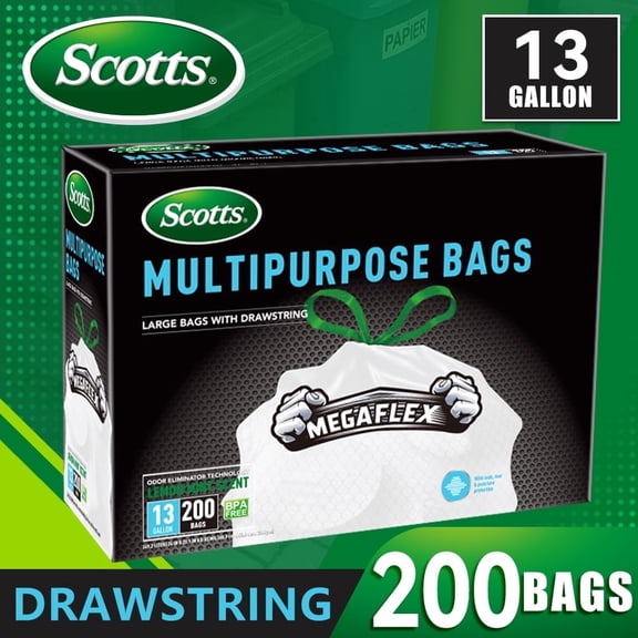 Scotts 13 Gallon Kitchen Trash Bags, Tall White Drawstring Garbage Bags, Lemon Mint Scent, MegaFlex, 200 Count