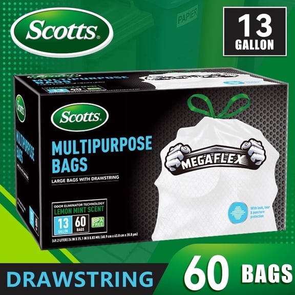 Scotts 13 Gallon Scented Kitchen Trash Bags, Drawstring, White Tall Garbage Bags, Lemon Fresh, 90 Ct
