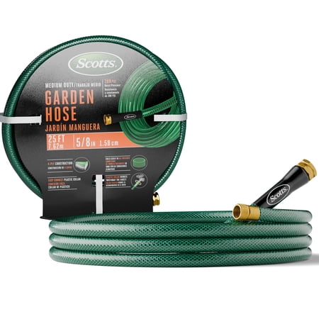 Scotts 25 ft. Medium Duty Garden Hose – 5/8 in. Diameter, 4-Ply Construction, 300 PSI, High-Pressure, Easy-to-Coil Water Hose with Crush-Resistant Couplings, Easy to Connect for Lawn and Garden Use