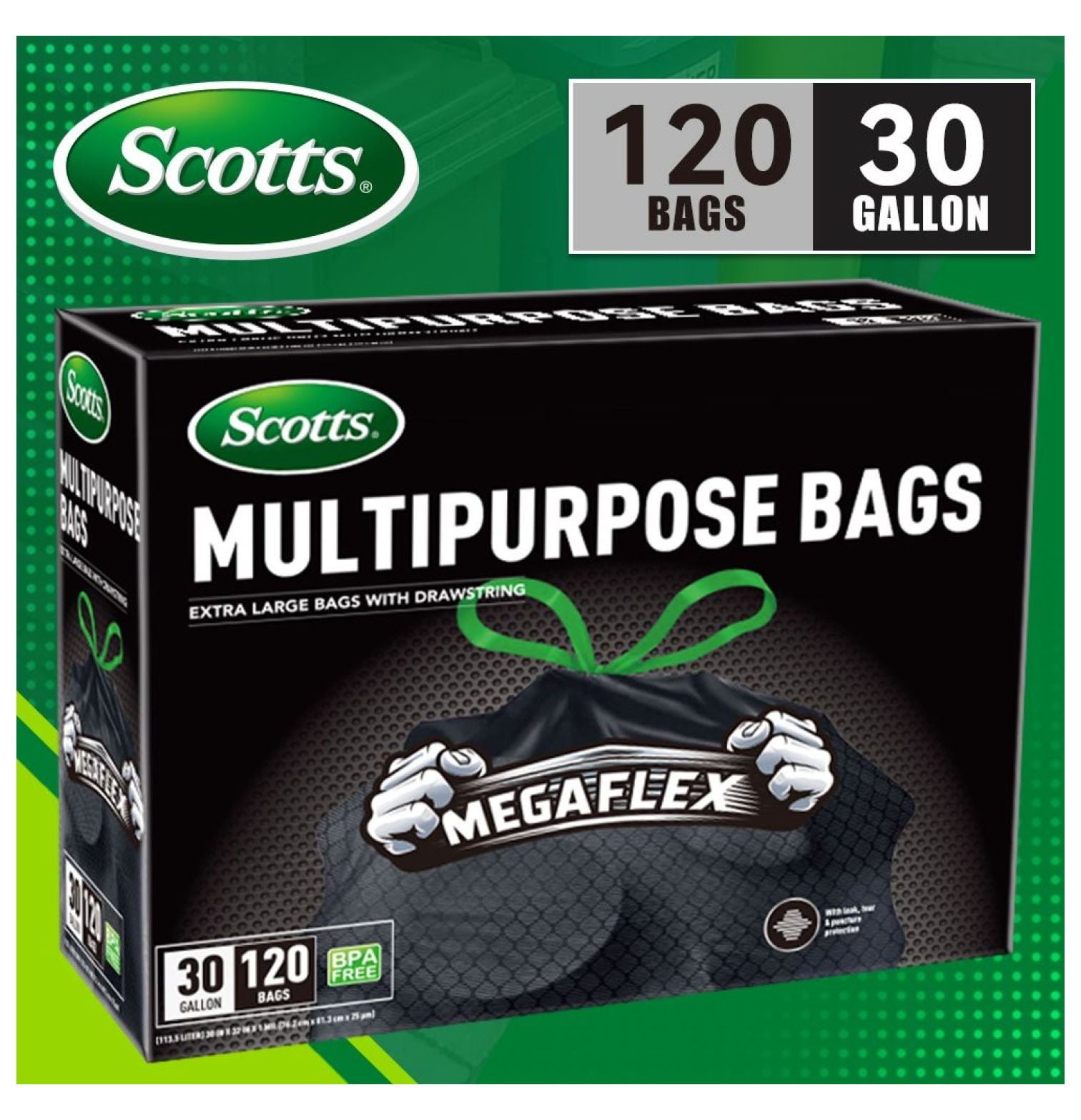 Scotts 30 Gallon Trash Bags - 120 Count Black Drawstring Garbage Bags - Heavy Duty Leak-Proof Bags for Kitchen, Garden, Home & Commercial Use - 113.5L