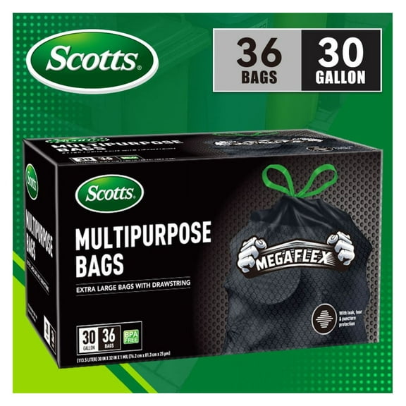 Scotts 36 Count 30 Gallon Black Trash Bags - Large Strong Drawstring Garbage Bags for Kitchen, Home, Industrial & Outdoor Use - 113.5L Durable Leak-Proof Waste Bags