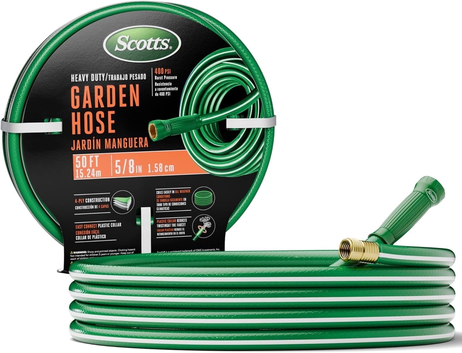 Scotts 50 ft. Garden Hose – Heavy Duty, 400 PSI, Easy-Coil, 5/8"