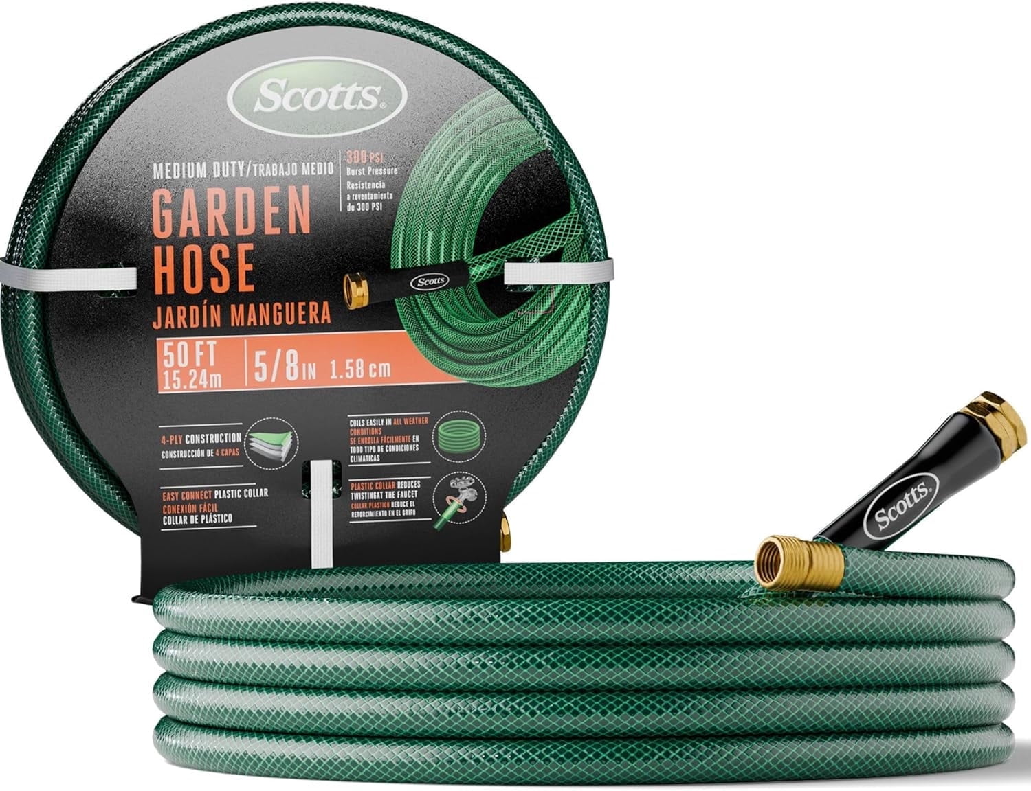 Scotts 50 ft. Garden Hose – 5/8 in. Diameter, 300 PSI, 4-Ply, Easy-Coil, Crush-Resistant Couplings