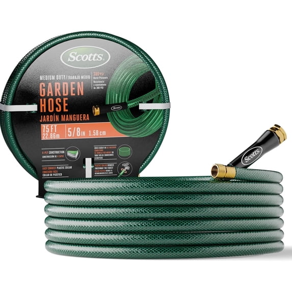 Scotts 75 ft. Garden Hose – 5/8 in. Diameter, 4-Ply Construction, 300 PSI, High-Pressure, Easy-to-Coil Water Hose with Crush-Resistant Couplings, Easy to Connect for Lawn and Garden Use