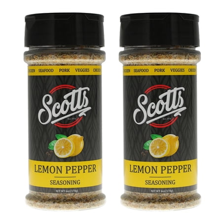 Scotts Seasonings and Marinades Balanced Lemon Pepper Seasoning Twin Pack - Ideal for Seafood, Chicken, Veggies, and Pork, 6oz Each - Exotic Herbs & Spices Enhancer for Scrumptious Entrees