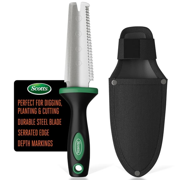 Scotts Steel Garden Knife with Sheath Multi-Purpose Gardening Tool with Serrated Blade, Depth Markings, Non-Slip Handle, and Belt Attachment for Digging, Weeding, and Planting