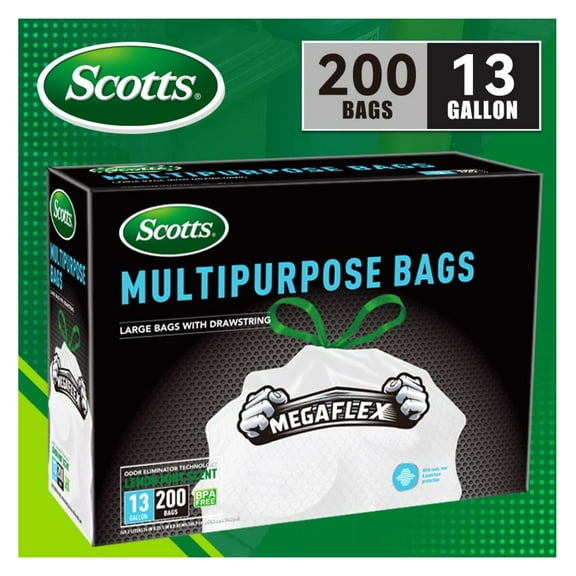 Scotts Trash Bags 13 Gallon - 200 Count Boxed Kitchen Garbage Bags with Drawstring; Non-Tear, Puncture Resistant, Deodorizing with Lemon Scent for Home & Office