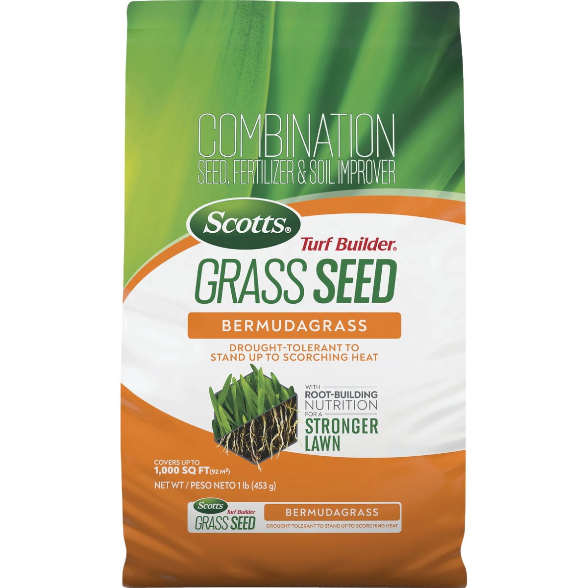 Scotts Turf Builder Grass Seed Bermudagrass with Fertilizer and Soil Improver, Drought-Tolerant, 1 lb.