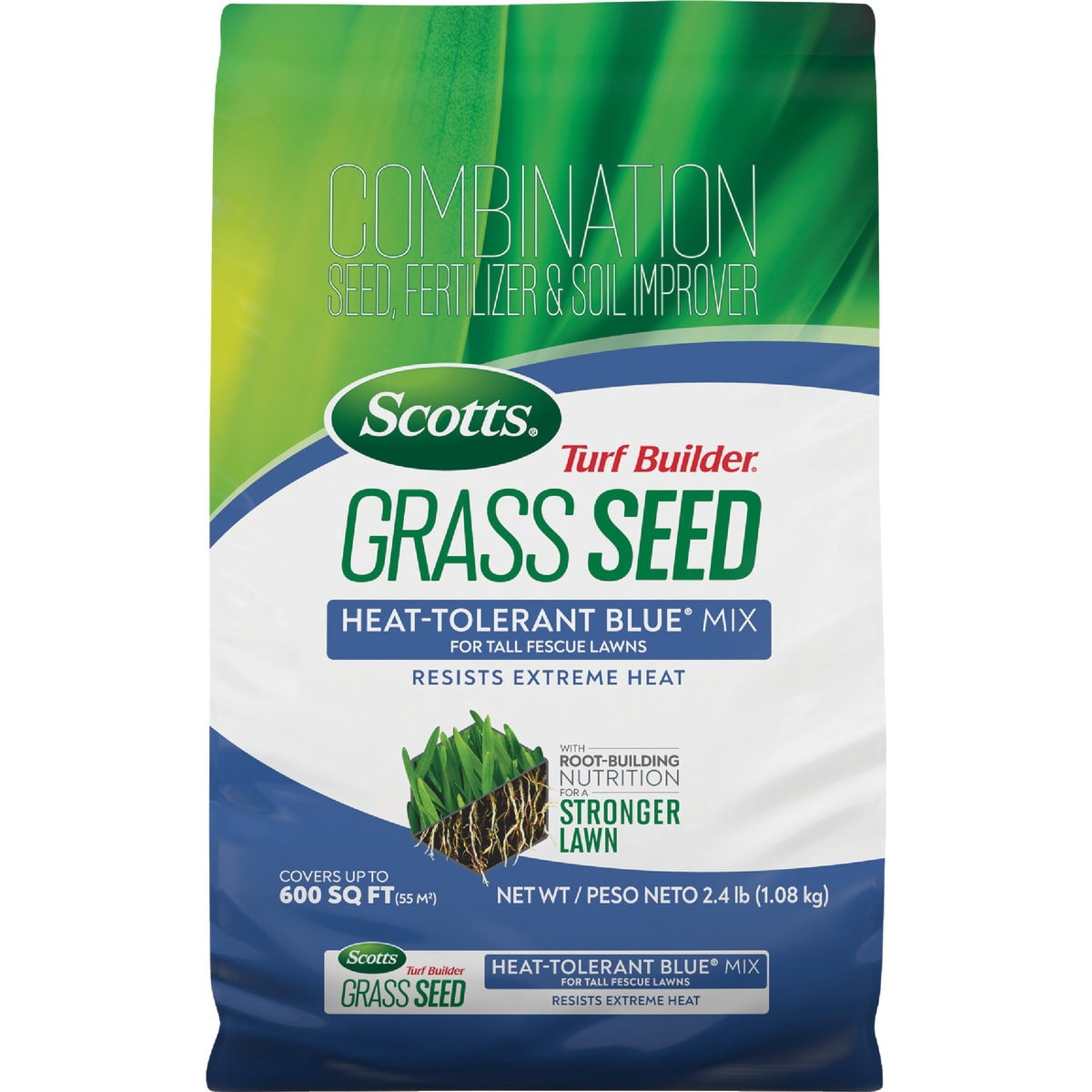 Scotts Turf Builder Grass Seed Heat-Tolerant Blue Mix for Tall Fescue Lawns - Grass Seed Plus Lawn Fertilizer and Soil Improver, Covers Up to 1,400 sq. ft., 5.6 lb.
