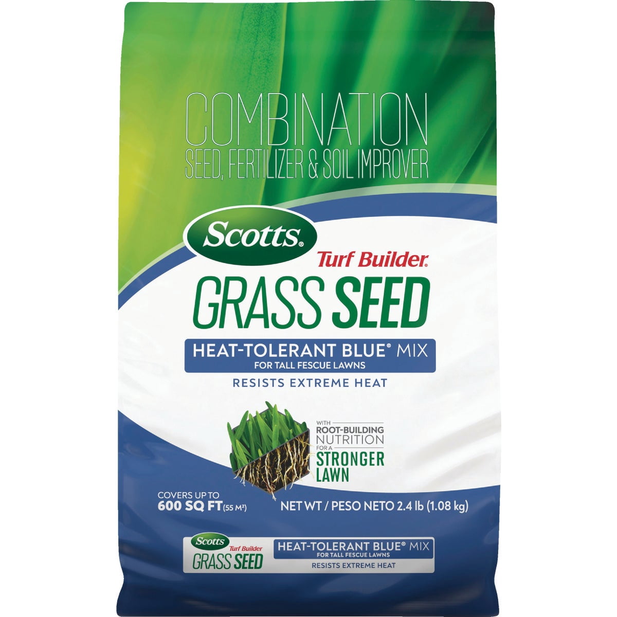 Scotts Turf Builder Grass Seed Heat-Tolerant Blue Mix for Tall Fescue Lawns - Grass Seed Plus Lawn Fertilizer and Soil Improver, Covers Up to 600 sq. ft., 2.4 lb.