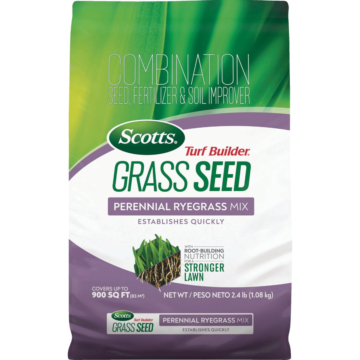 Scotts Turf Builder Grass Seed Perennial Ryegrass Mix - Combination Grass Seed, Lawn Fertilizer & Soil Improver, Establishes Quickly, Covers Up to 900 sq. ft., 2.4 lb.
