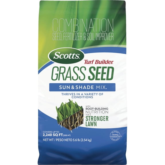 Scotts Turf Builder Grass Seed Sun and Shade Mix - Grass Seed Plus Lawn Fertilizer and Soil Improver, Covers Up to 2,240 sq. ft., 5.6 lb.