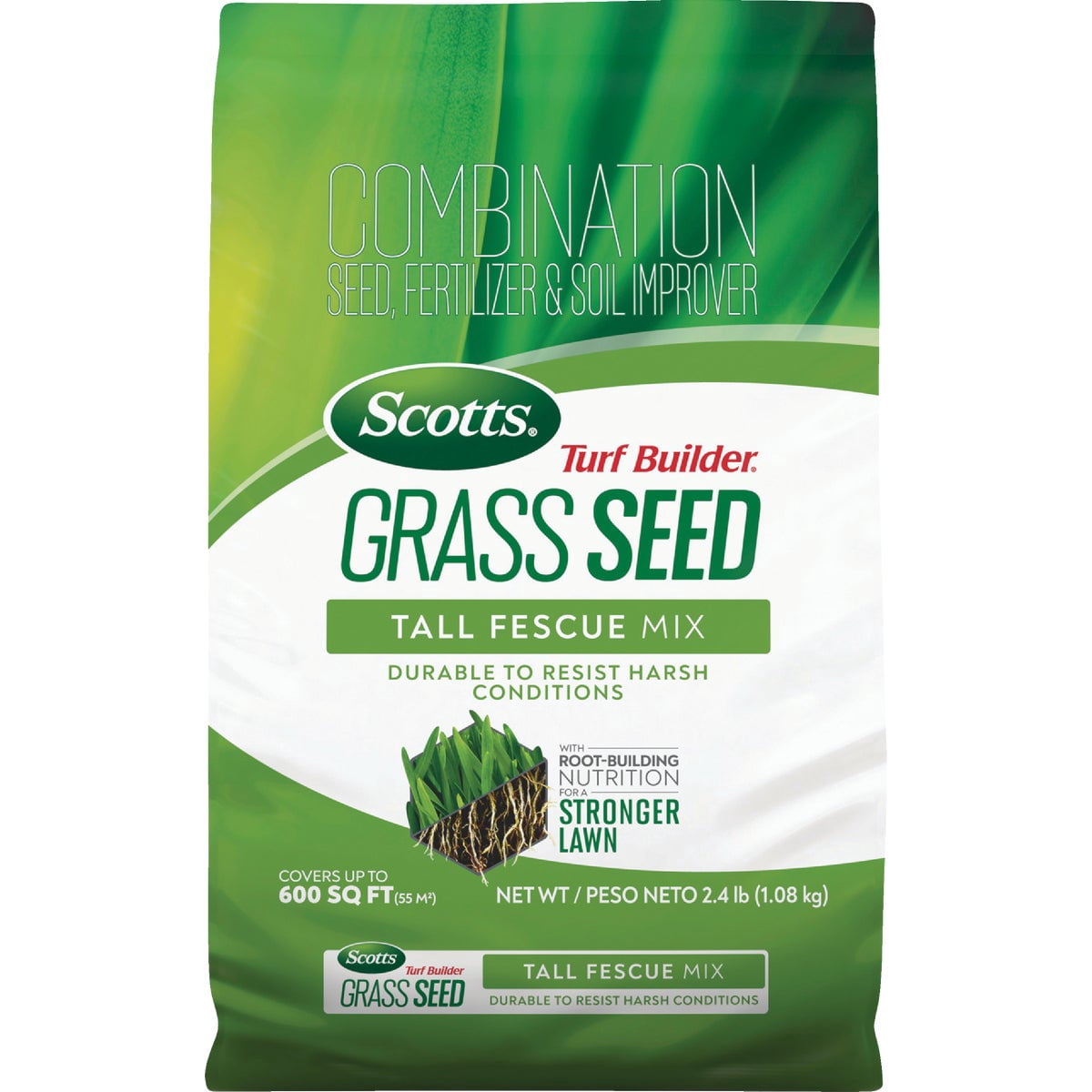 Scotts Turf Builder Grass Seed Tall Fescue Mix - Durable to Resist Harsh Conditions, Lawn Seed, Grass Fertilizer & Soil Improver, Covers up to 600 sq. ft., 2.4 lb.