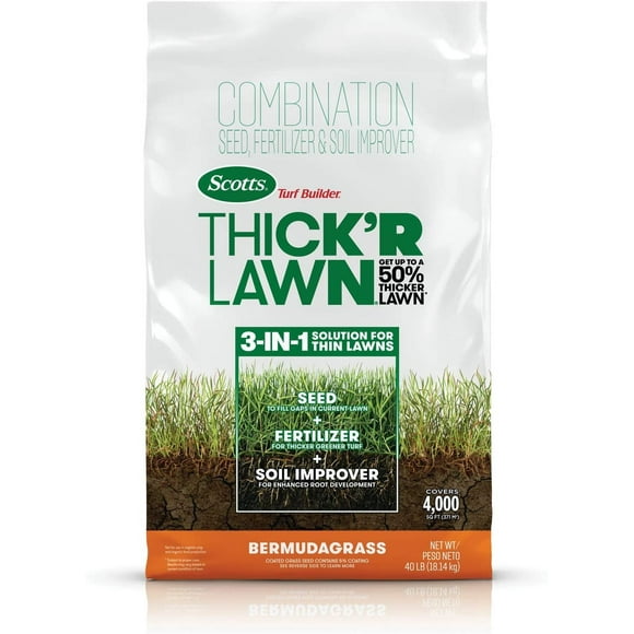 Scotts Turf Builder Thick'R Lawn Bermudagrass - 4,000 sq. ft., Combination Seed, Fertilizer and Soil Improver, Fill Lawn Gaps and Enhance Root Development, 40 lb.