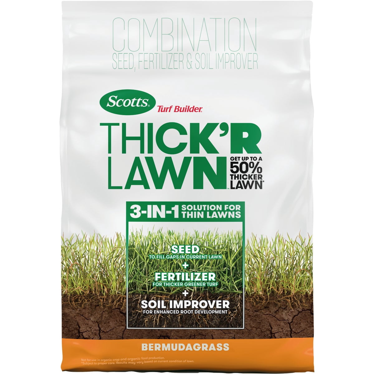 Scotts Turf Builder Thick'R Lawn Bermudagrass - Covers 1,200 sq. ft., Combination Seed, Fertilizer and Soil Improver, Fill and Repair Gaps in Thin Lawns and Enhance Root Development, 12 lb.