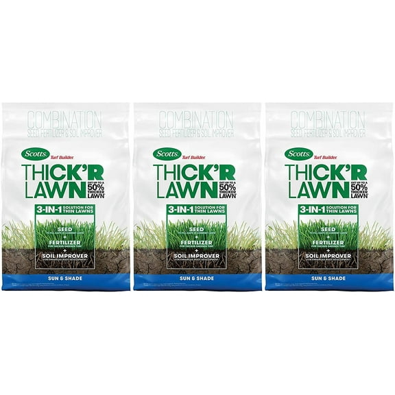 Scotts Turf Builder Thick'R Lawn Sun and Shade, 12 lb. - 3-in-1 Solution for Thin Lawns - Combination Seed, Fertilizer and Soil Improver for a Thicker 3 Pack