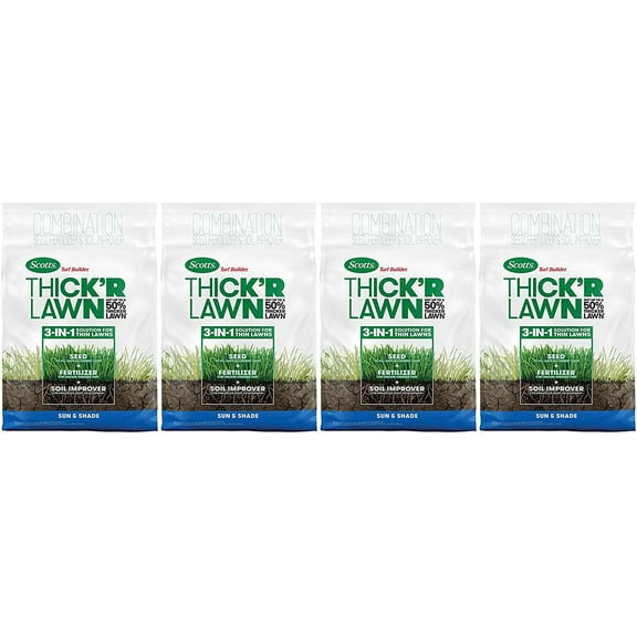 Scotts Turf Builder Thick'R Lawn Sun and Shade, 12 lb. - 3-in-1 Solution for Thin Lawns - Combination Seed, Fertilizer and Soil Improver for a Thicker 4 Pack