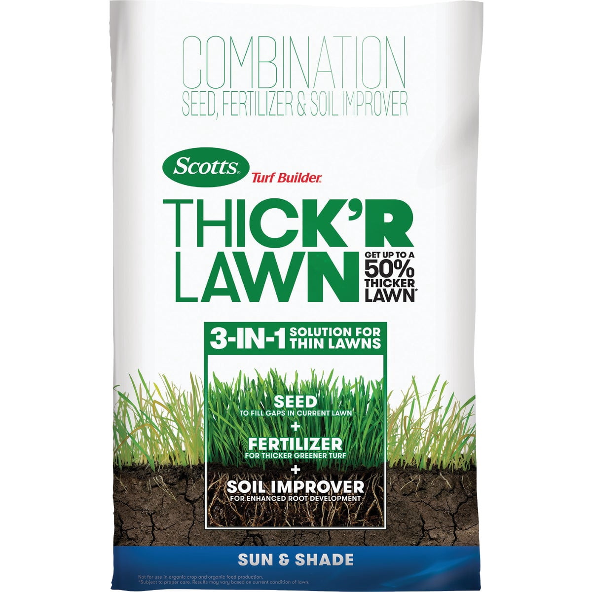 Scotts Turf Builder Thick'R Lawn Sun & Shade - 3 in 1 Lawn Fertilizer, Seed, & Soil Improver for a Thicker, Greener Lawn, Seeds up to 4,000 sq. ft., 40 lb.