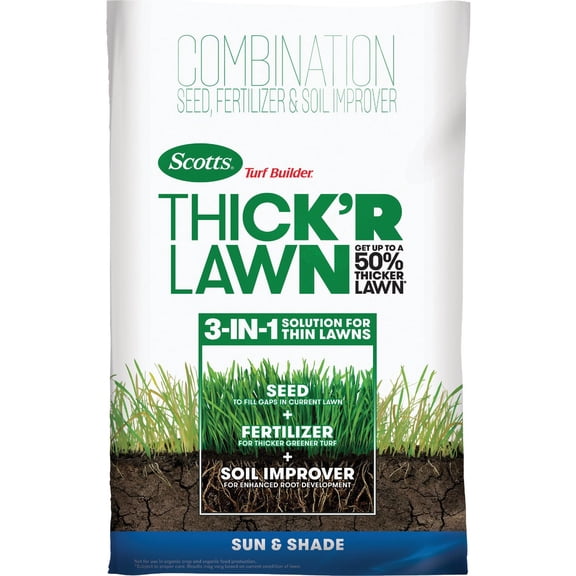 Scotts Turf Builder Thick'R Lawn Sun & Shade - 3 in 1 Lawn Fertilizer, Seed, & Soil Improver for a Thicker, Greener Lawn, Seeds up to 4,000 sq. ft., 40 lb.