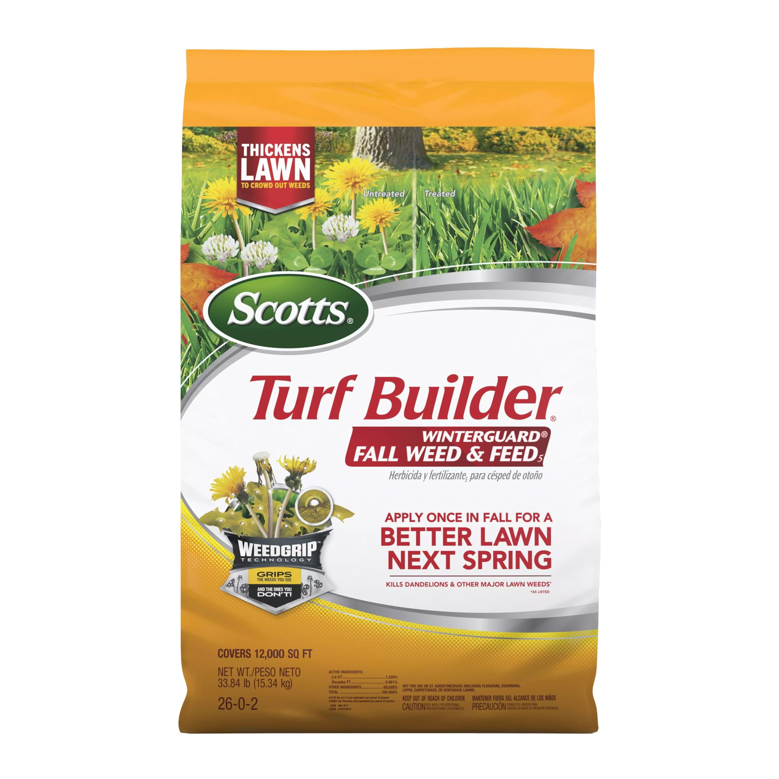 Scotts Turf Builder WinterGuard Fall Weed & Feed5, Weed Killer Plus Fall Fertilizer, 12,000 sq. ft., 33.84 lbs.