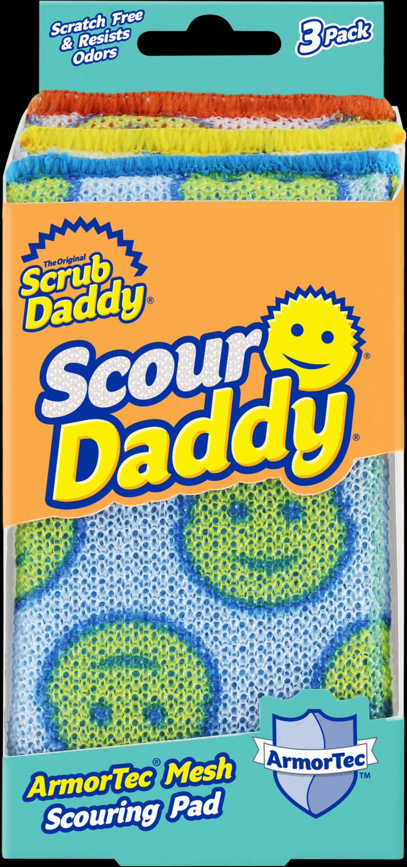 Scrub Daddy - Scour Daddy Scour Pads – Multi-Surface Scouring Pad, Absorbent, Durable, FlexTexture Sponge, Scratch Free, Odor Resistant, Multi-Color, 3 Count