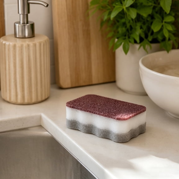 Scour pad, three layer kitchen sponge, carbide surface, foam wave base, for daily dish pot pan surface stain removal cleaning