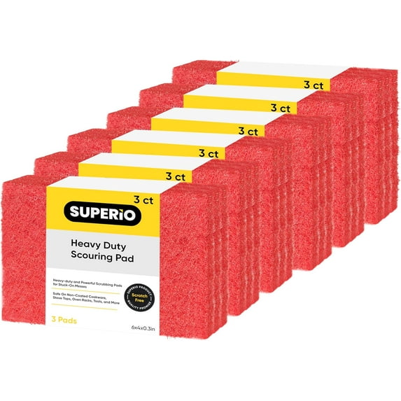 Scouring Pad Non-Scratching Scrubber Non-Scratch Cleaning Scrub Pads Heavy Duty Scouring Pad Reusable Kitchen Scrubbing Pad Pack of 18 Red, by Superio