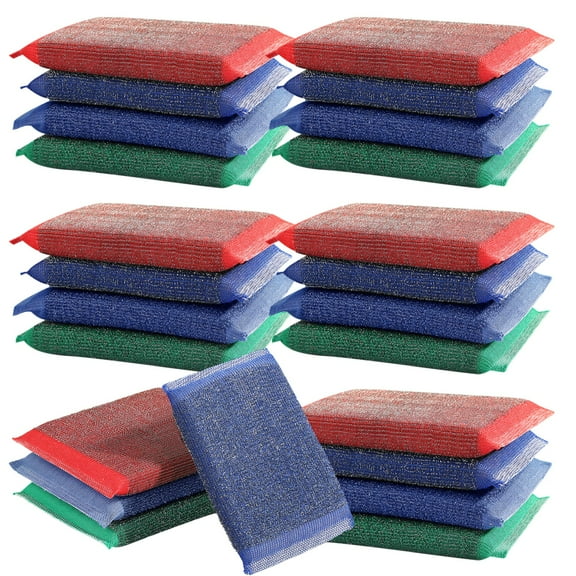 Scouring Pads 24 Pack, Heavy Duty Cleaning Sponges with Steel Wool, Multi-Purpose Scrubber for Kitchen Dishes Pots Pans, Color Coded Scouring Sponges with Grip Handle