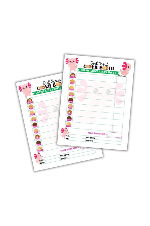Scout Cookie Sales Tally Sheet 50 Pack, 8.5 x 11 Papers Axolotl Sales Rewards Girl Cookies Booth Supplies Troop Leader Books for Troop Number Sales Goal Sheet