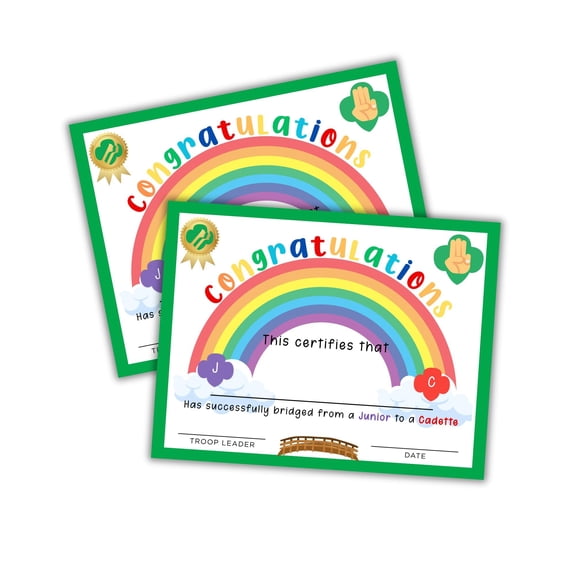 Scout Junior to Cadette Bridging Ceremony Girl Completion Certificate Award 30pk 8.5x11 Troop Leader Daisy Cookie Sales Patch Silver Bronze Reorder