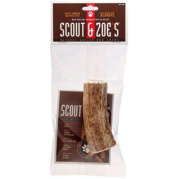 Scout & Zoe's: Elk Antler - Medium - Dog Chew, 15-30lb Breeds, Heavy Chewers, Long-Lasting Pet Treat, Preservative Free, Naturally Shed, USA Sourced