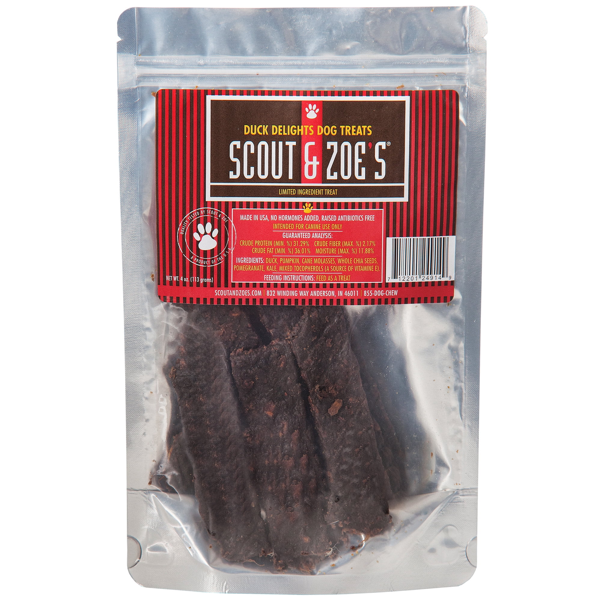 Scout & Zoe's: Duck Delights Jerky - 4oz Dog Treats, Limited Ingredient Superfood Blend, Chia-Pomegranate-Kale-Pumpkin, Nutritious Grain-Free Pet Chew