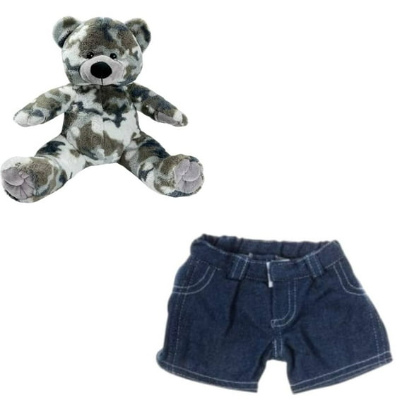 Scout the Camo Bear 16 Inch Plush Toy with Blue Jean Shorts - Eco-Friendly Stuffed Animal