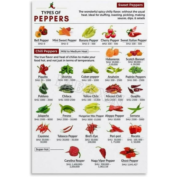 Scoville Heat Units Peppers Chart Poster Chili Knowledge Guide Wall Art for Bedroom Living Room Decor